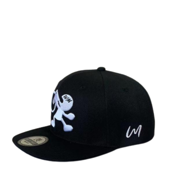 A custom adjustable black snapback with embroidery print of our signature logo in the front, brand name at the back, and brand name initials on the left side.