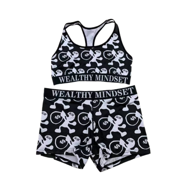 Upgrade your underwear with these printed sports bra and shorts set featuring an elastic waist and bra band with our brand name on the front and back and signature logo printed all over.