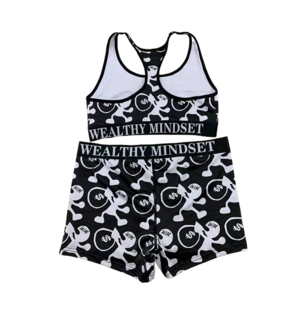 Upgrade your underwear with these printed sports bra and shorts set featuring an elastic waist and bra band with our brand name on the front and back and signature logo printed all over.