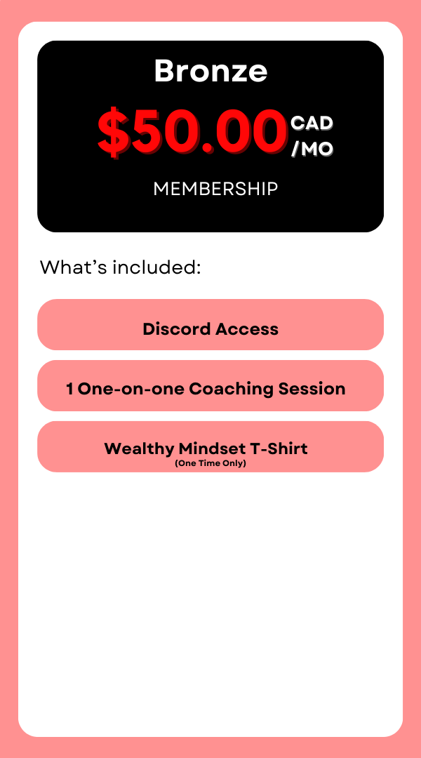 Our Bronze Wealthy Mindset Membership is your bronze ticket to a community that's more than just fashion; it's a family of ambition. What's included; get Discord Access, 1 Personalized One-On-One Meetings, and a Wealthy Mindset T-Shirt. Join us!