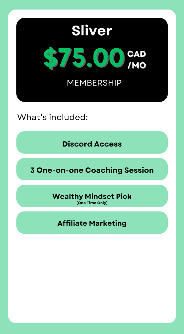 Our Sliver Wealthy Mindset Membership is your sliver ticket to a community that's more than just fashion; it's a family of ambition. What's included; get Discord Access, 3 Personalized One-On-One Meetings, one pick from our Wealthy Mindset collections, the opportunity to make extra income through our Affiliate Marketing program. Join us!