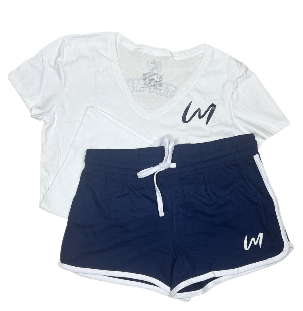 This stylish glow shorts set is designed for confident women who are determined to manifest success in every aspect of their lives. The white v-neck shirt and colored shorts front design features our brand name initials with our brand name in the back. The glow shorts are available in red, pink, navy and black.