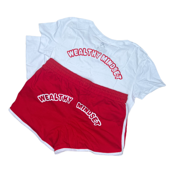 This stylish glow shorts set is designed for confident women who are determined to manifest success in every aspect of their lives. The white v-neck shirt and colored shorts front design features our brand name initials with our brand name in the back. The glow shorts are available in red, pink, navy and black.