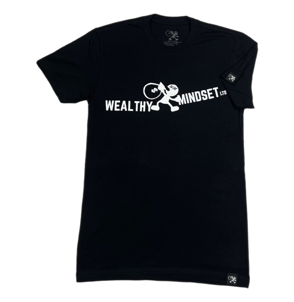 The black short sleeve unisex t-shirt fits true to its size and is made with premium materials featuring a high quality print of our brand name and signature logo combined to make a statement, "The Wealth starts with the Mindset".