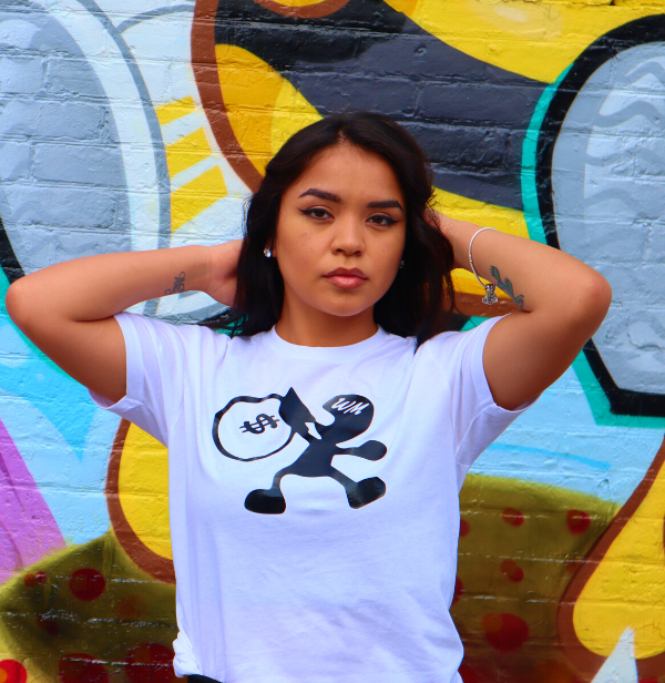 The white short sleeve unisex t-shirt fits true to its size and is made with premium materials featuring a high quality print of our signature logo representing a wealthy person who has liberated financial freedom by changing their mindset.