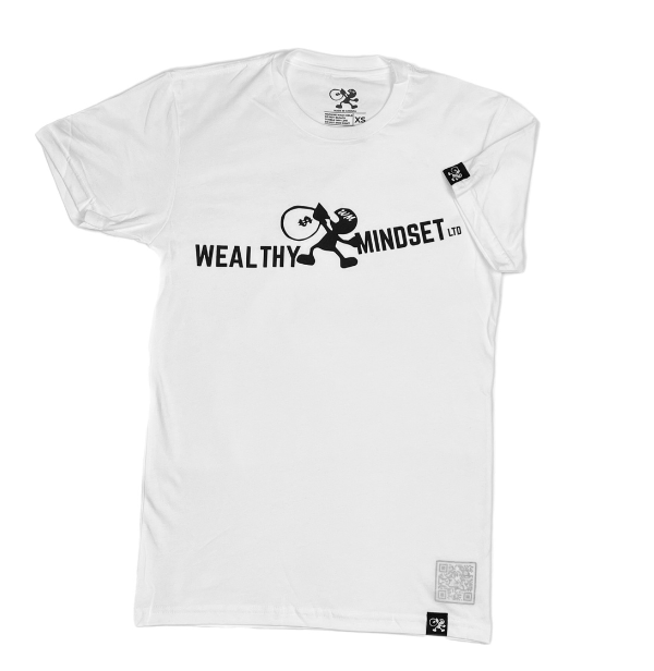 The white short sleeve unisex t-shirt fits true to its size and is made with premium materials featuring a high quality print of our brand name and signature logo combined to make a statement, "The Wealth starts with the Mindset".