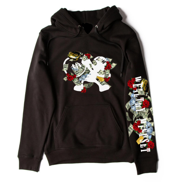 This unisex black hoodie screams the wealthy lifestyle without saying a word. It is a tri-tech pullover hoodie made with premium materials and high quality print of our signature logo in the front and brand name on the left sleeve.